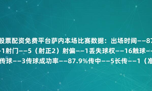 股票配资免费平台萨内本场比赛数据：出场时间——87分钟进球——2助攻——1射门——5（射正2）射偏——1丢失球权——16触球——84传球——66关键传球——3传球成功率——87.9%传中——5长传——1（准确率100%）地面对抗——5（成功0）犯规——3被过——1媒体评分——9.3